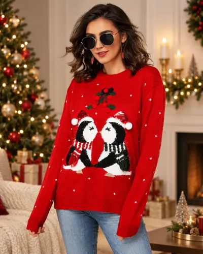 Pull de Noel Femme Pingouins Mignons